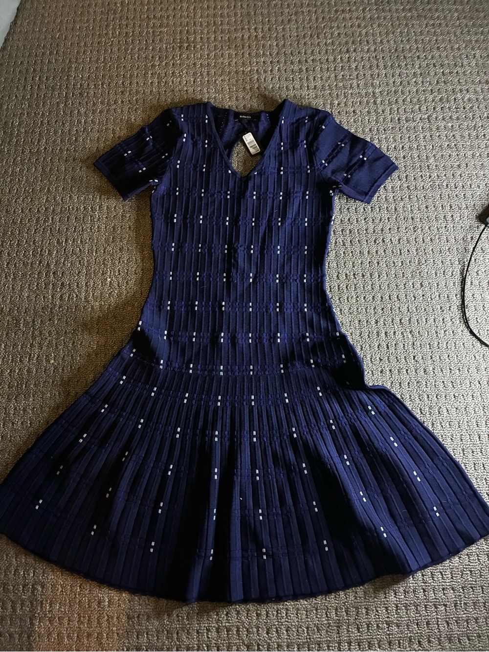 RW&CO. Navy Knit Midi Dress with Subtle Dot Pattern